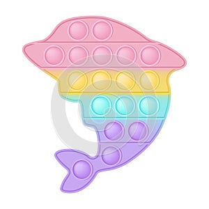 Popit figure dolphin a fashionable silicon toy for fidgets. Addictive anti stress toy in pastel rainbow colors. Bubble