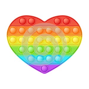 Popit figure heart as a fashionable silicon toy for fidgets. Addictive anti stress toy in bright rainbow colors. Bubble