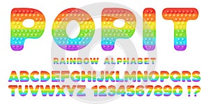 Popit font design - alphabet and numbers set in style of trendy silicon fidget toys. Pop it toy for fidget in bright