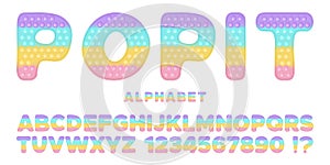 Popit font design - alphabet and numbers set in style of trendy silicon fidget toys. Pop it toy for fidget in pastel photo