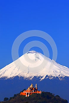 Popocatepetl volcano and church in cholula, puebla, mexico I