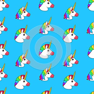 Seamless pattern with cartoon funny fairy unicorn with rainbow haircut on blue background
