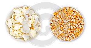 Popped and unpopped popcorn, a popular snack in white bowls