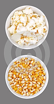 Popped and unpopped popcorn, in white bowls, on gray background