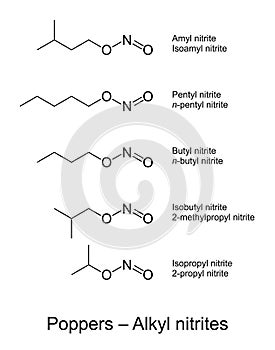 Poppers, alkyl nitrites, recreational drugs, chemical structures