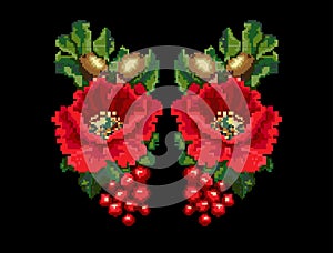 Poppies acorns viburnum embroidery vector for textile design