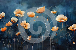 poppies on a dark blue background, 3d illustration, Postimpressionist style artwork of orange flowers, AI Generated