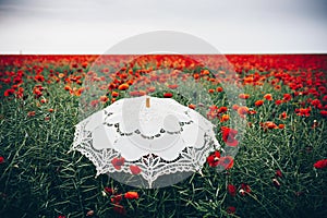 Poppies field with umbrella. Artistic interpretation