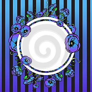 Poppies floral decoration on circle label, flayer template for web and print with striped black