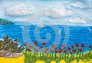 Poppies near sea and sailing yacht painting