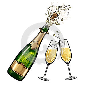 Popping bottle of champagne with cork flying out and pair of clinking glasses. Vector illustration