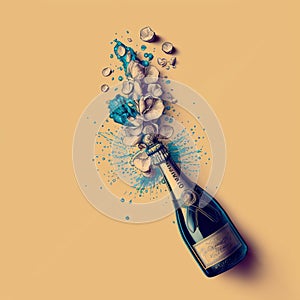 Popping champagne bottle. Champagne explosion. New year celebration. Happy new year poster