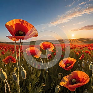 Poppy field at sunset. Beautiful landscape with red poppies.