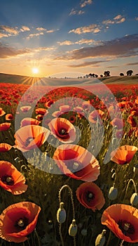 poppy field at sunset. Beautiful landscape with red poppies. Nature composition.