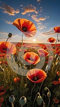 poppy field at sunset. Beautiful landscape with red poppies. Nature composition.