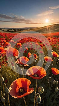 poppy field at sunset. Beautiful landscape with red poppies. Nature composition.