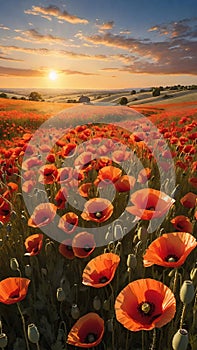 poppy field at sunset. Beautiful landscape with red poppies. Nature composition.