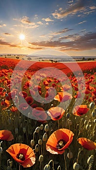 poppy field at sunset. Beautiful landscape with red poppies. Nature composition.