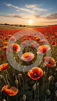 poppy field at sunset. Beautiful landscape with red poppies. Nature composition.