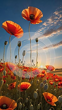 poppy field at sunset. Beautiful landscape with red poppies. Nature composition.