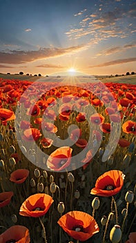 poppy field at sunset. Beautiful landscape with red poppies. Nature composition.