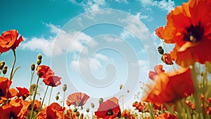 Poppy field at sunset in the spring. Poppies in the blue sky edge frame. Red poppies in sunset light. Summer nature