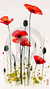 Poppy Fields, Blooming Poppies, Poppy Bouquet, Wild Poppy Meadow, Pop Poppy Artwork,  Poppy Floral Illustration