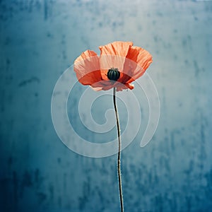 Poppy Flower Against Blue Wall: Vintage Analog Photo With Soft Evening Light