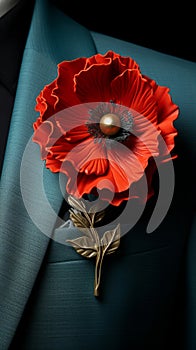 Poppy flower in the buttonhole of a man's jacket, a remembrance poppy in memory of fallen soldiers in the war