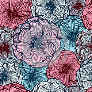 Poppy flower doodle floral vector seamless pattern summer fabric print design. Line texture petals