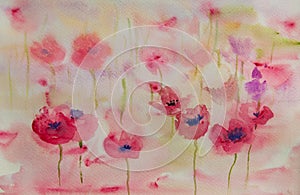 Poppy flower field, watercolor painting