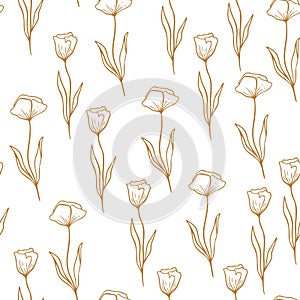 Poppy flower pattern in line style. Floral seamless hand drawn ornament. . Poppy cute wallpaper, vector illustration