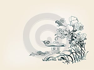 Poppy flower toro bird nature landscape view vector sketch illustration japanese chinese art ink card background photo
