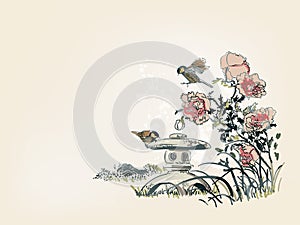 Poppy flower toro bird nature landscape view vector sketch illustration japanese chinese line art ink card background photo