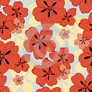 Poppy flower vector seamless pattern background. Hand-drawn red floral repeat on dotted backdrop. Perennial herbaceous