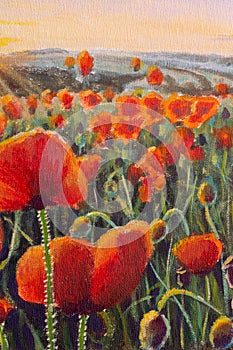 Poppy flowers. Acrylic art background with red poppies flowers.