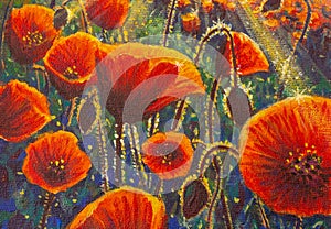 Poppy flowers. Acrylic art background with red poppies flowers art