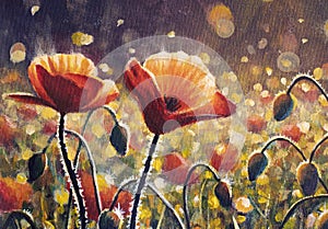 Poppy flowers. Acrylic art background with red poppies flowers. red poppies wildflowers
