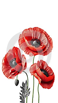 Poppy flowers isolated on white background. Remembrance poppy - poppy appeal. Decorative flower for Remembrance Day, AI generative