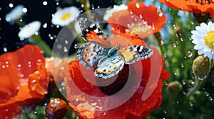 poppy flowers with morning dew water drops on wild field,bee and buterfly ,nature landscape background