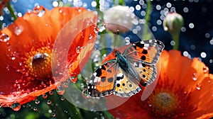 poppy flowers with morning dew water drops on wild field,bee and buterfly ,nature landscape background