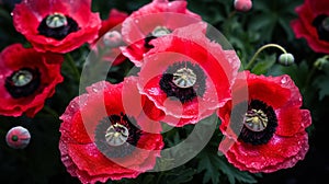 poppy flowers with morning dew water drops on wild field,bee and buterfly ,nature landscape background