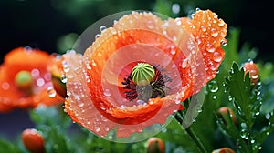 poppy flowers with morning dew water drops on wild field,bee and buterfly ,nature landscape background