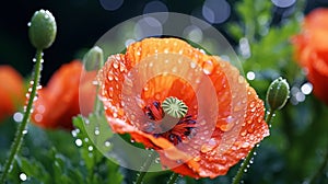 poppy flowers with morning dew water drops on wild field,bee and buterfly ,nature landscape background