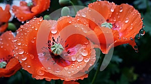 poppy flowers with morning dew water drops on wild field,bee and buterfly ,nature landscape background