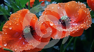 poppy flowers with morning dew water drops on wild field,bee and buterfly ,nature landscape background