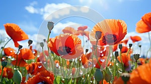 poppy flowers with morning dew water drops on wild field,bee and buterfly ,nature landscape background