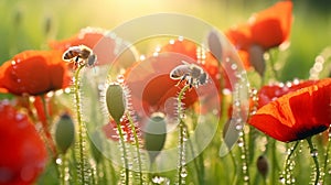 poppy flowers with morning dew water drops on wild field,bee and buterfly ,nature landscape background