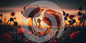 Poppy flowers with sunset background