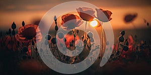 Poppy flowers with sunset background